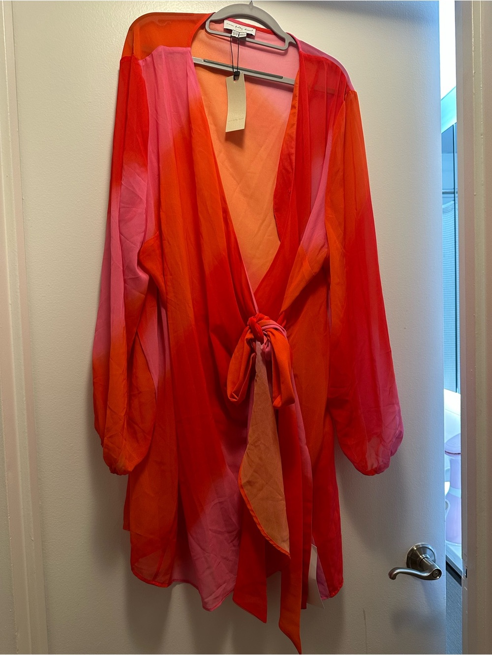 Never Fully Dressed Ombre Sheer Tie-Front Duster in Pink and Orange